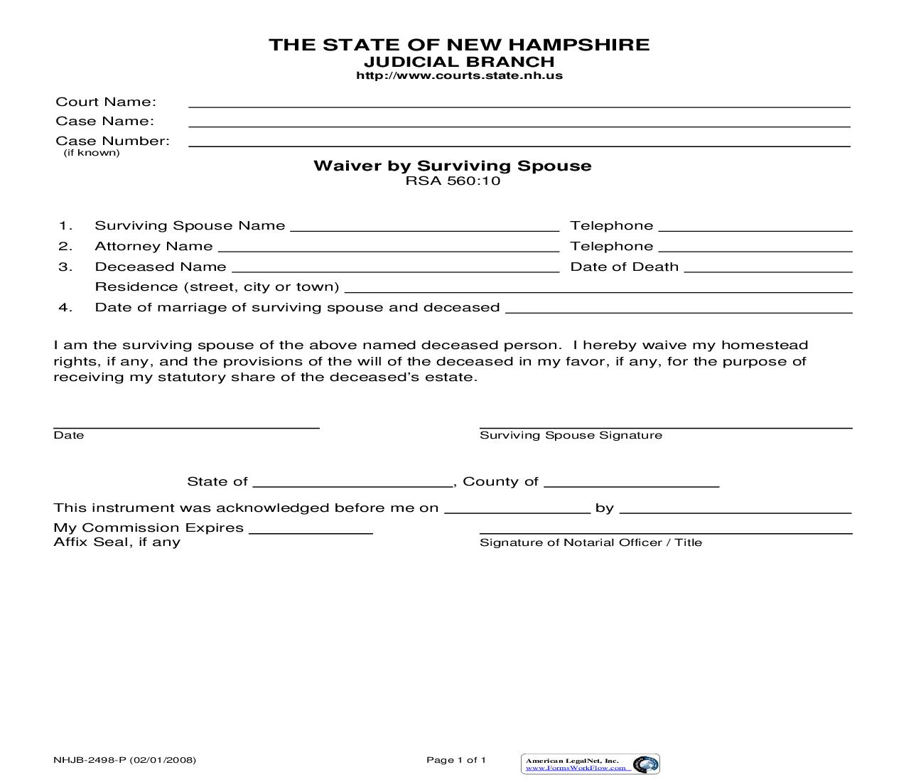 Waiver By Surviving Spouse {NHJB-2498-P} | Pdf Fpdf Doc Docx | New Hampshire