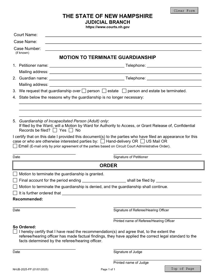 Motion To Terminate Guardianship {NHJB-2025-FP} | Pdf Fpdf Doc Docx | New Hampshire