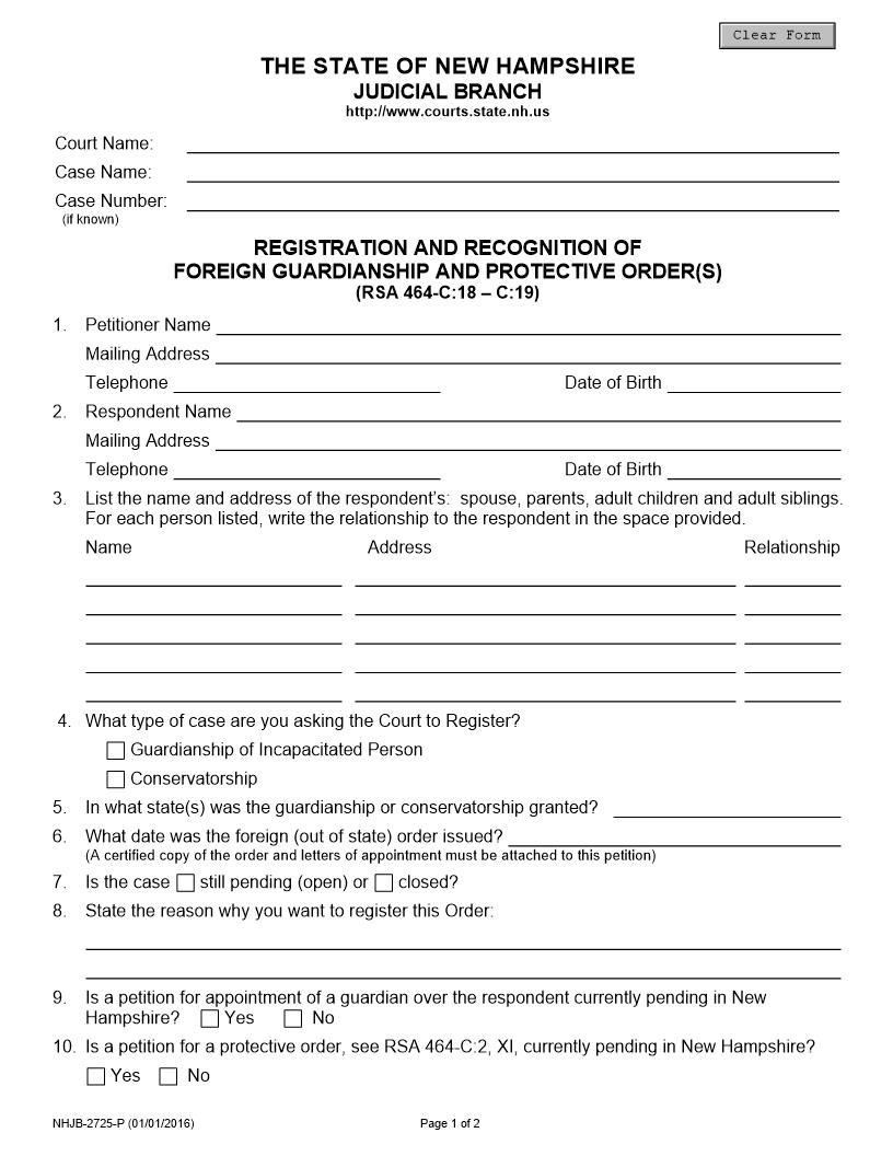 Registration Of Foreign Guardianship And Protective Order {NHJB-2725-P} | Pdf Fpdf Docx | New Hampshire