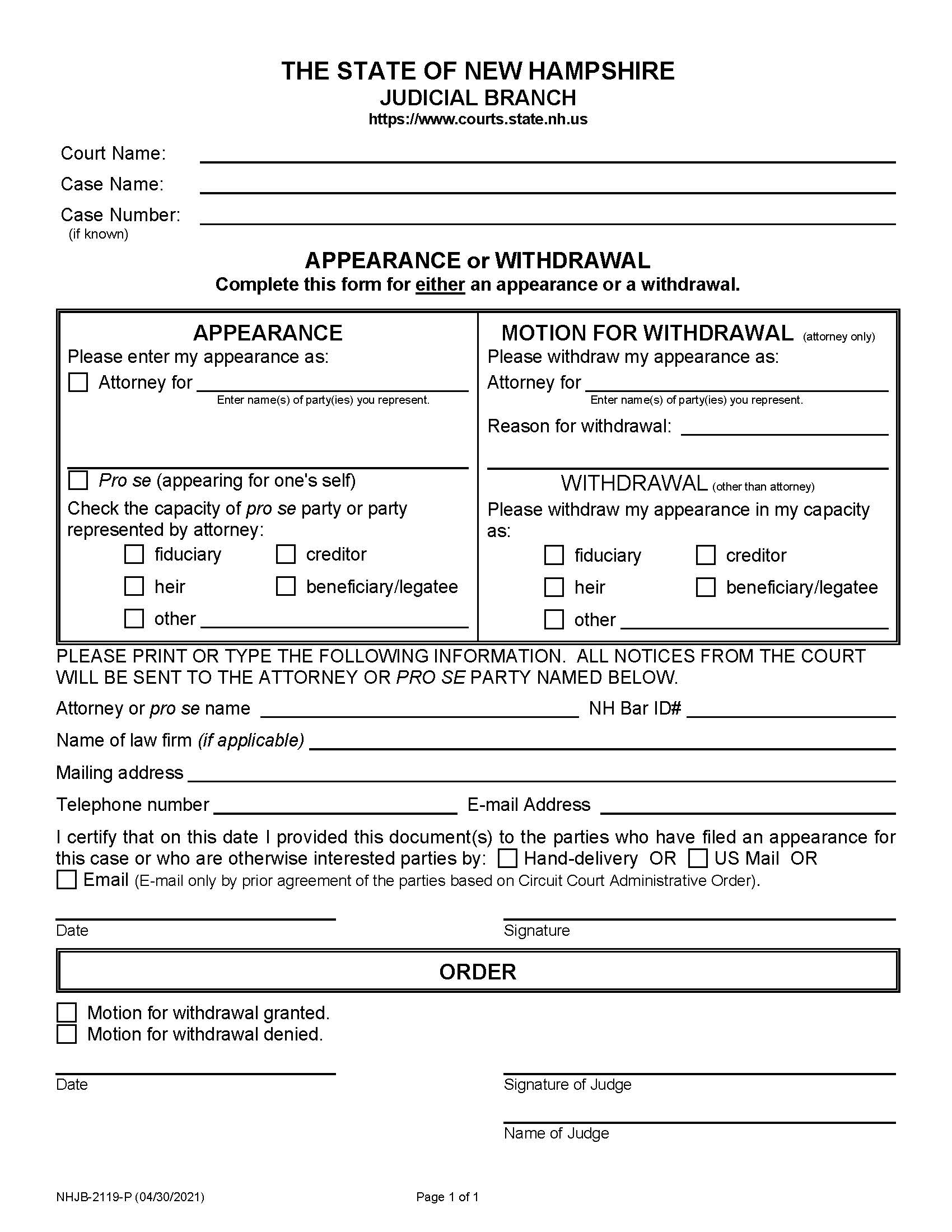 Appearance Or Withdrawal {NHJB-2119-P} | Pdf Fpdf Doc Docx | New Hampshire