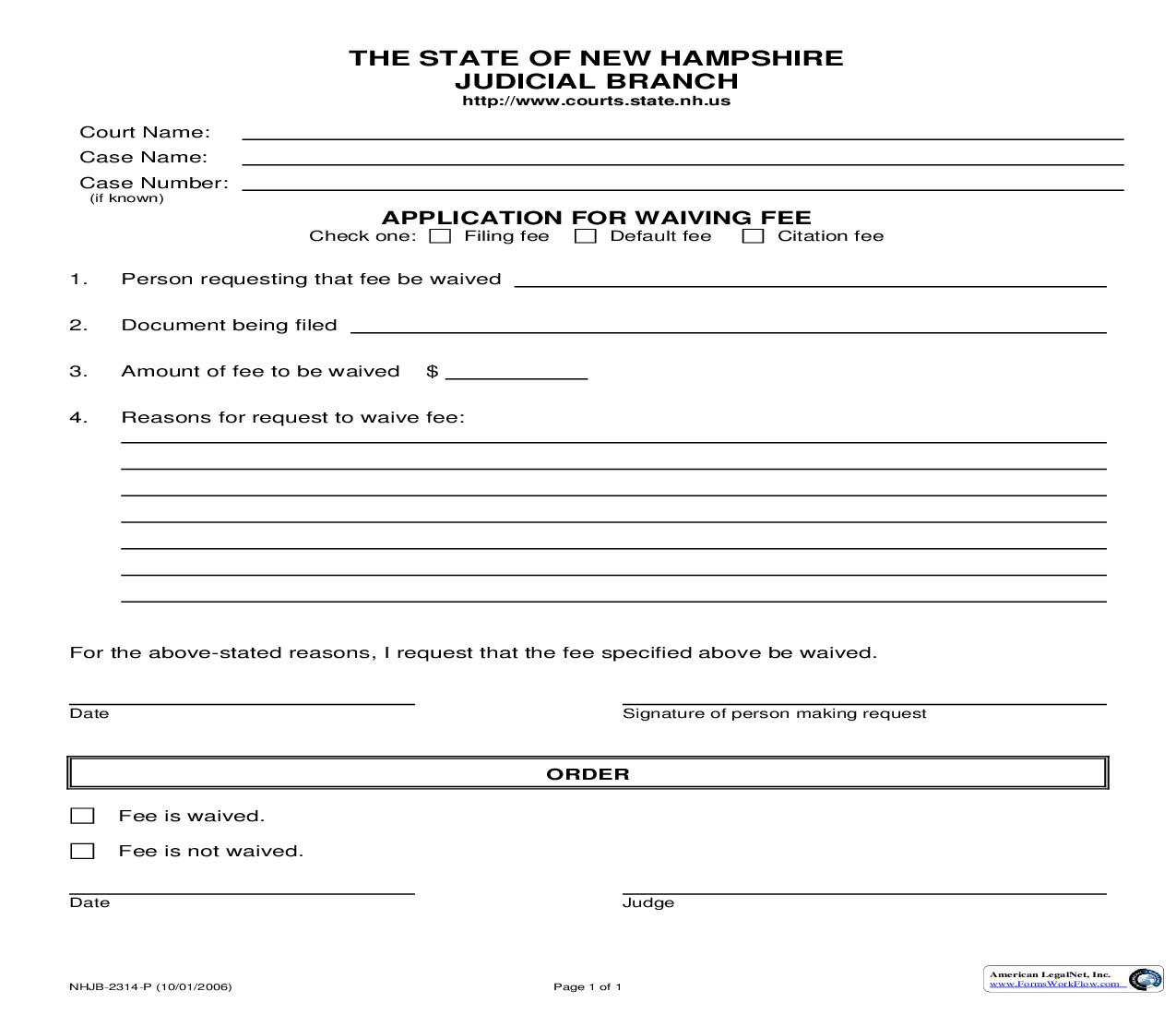Application For Waiving Fee {NHJB-2314-P} | Pdf Fpdf Doc Docx | New Hampshire