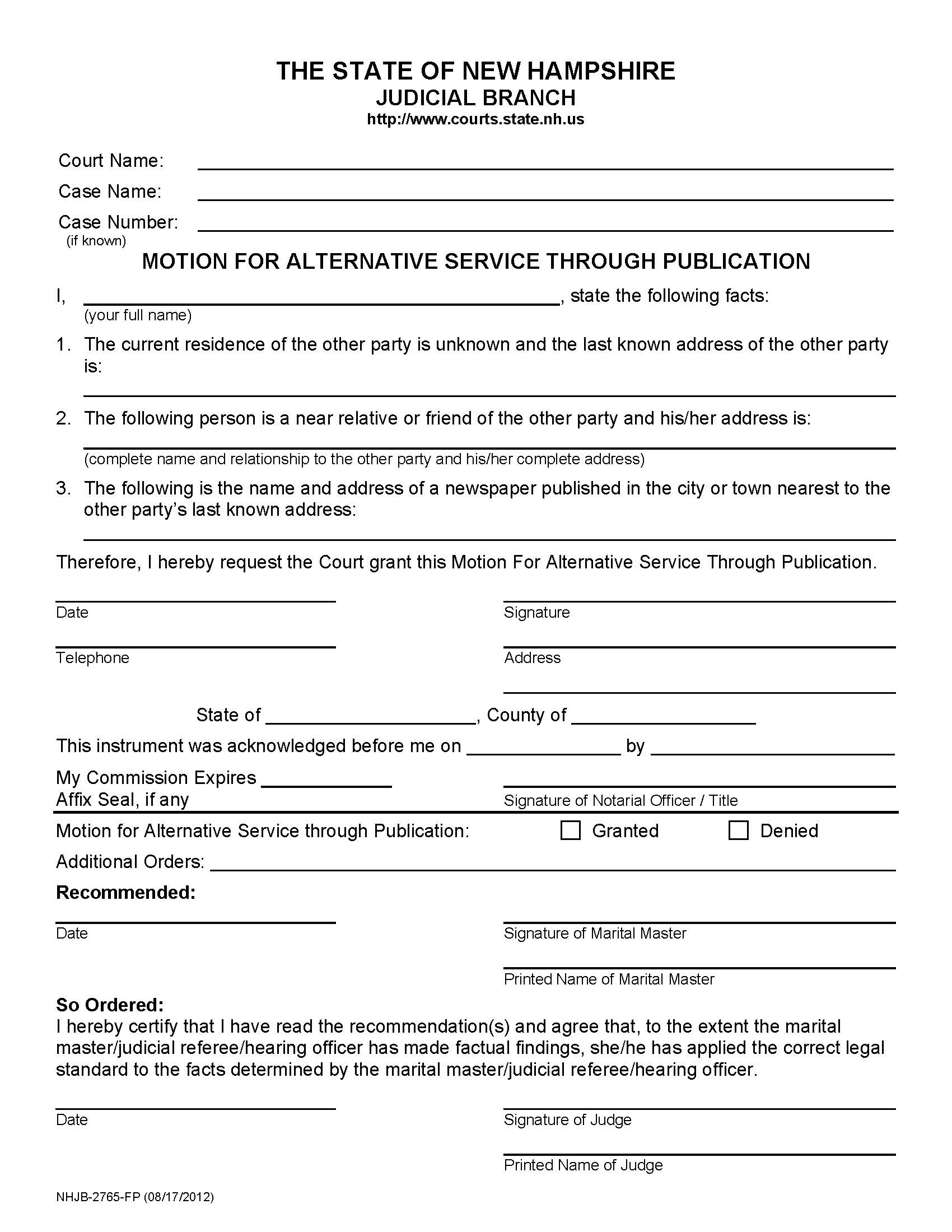 Motion For Alternative Service Through Publication {NHJB-2765-FP} | Pdf Fpdf Doc Docx | New Hampshire