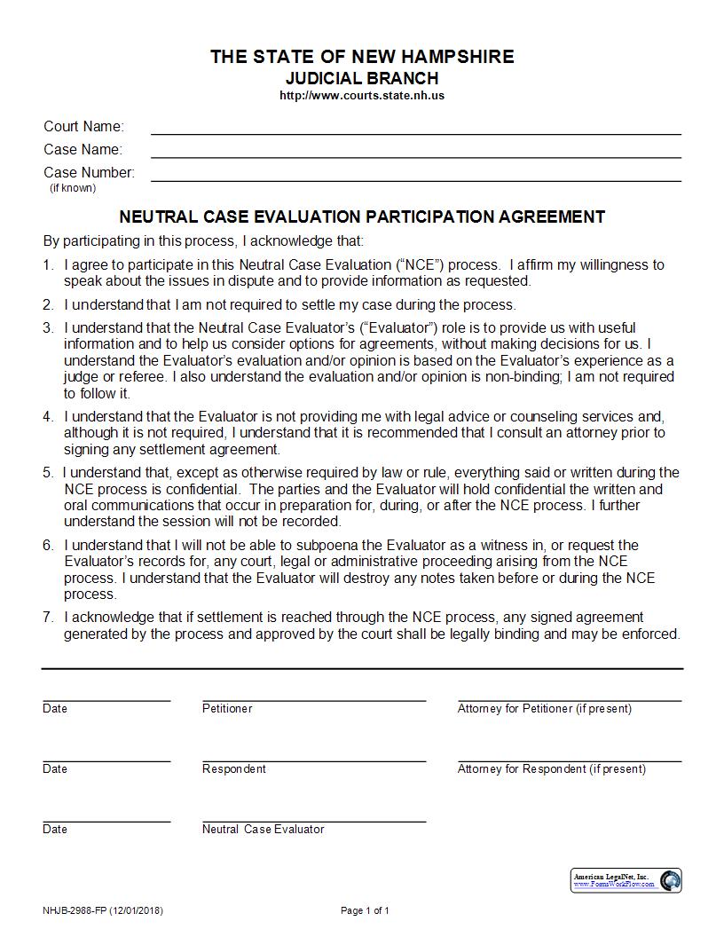Neutral Case Evaluation Agreement {NHJB-2988-FP} | Pdf Fpdf Docx | New Hampshire