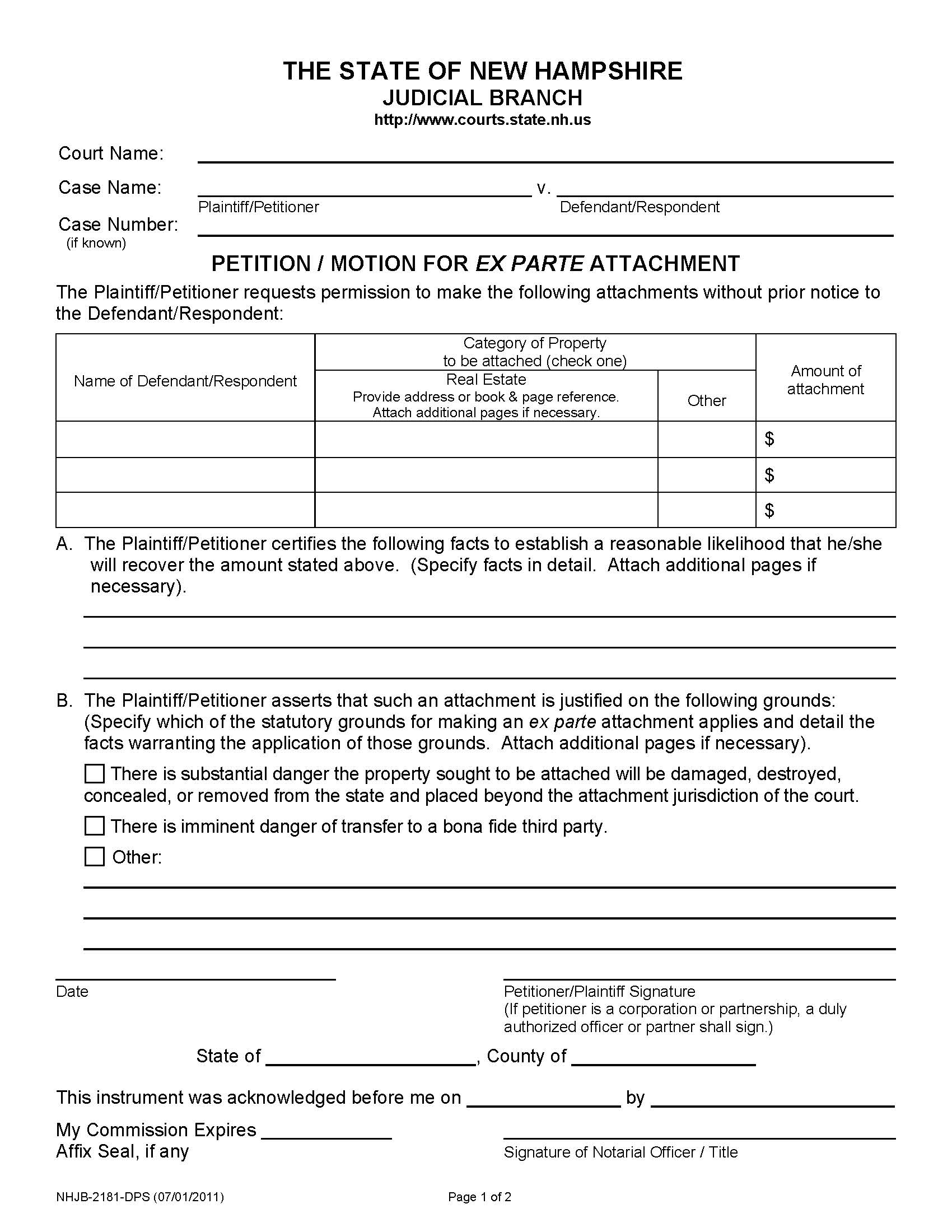 Petition-Motion For Ex Parte Attachment {NHJB-2181-DPS} | Pdf Fpdf Doc Docx | New Hampshire