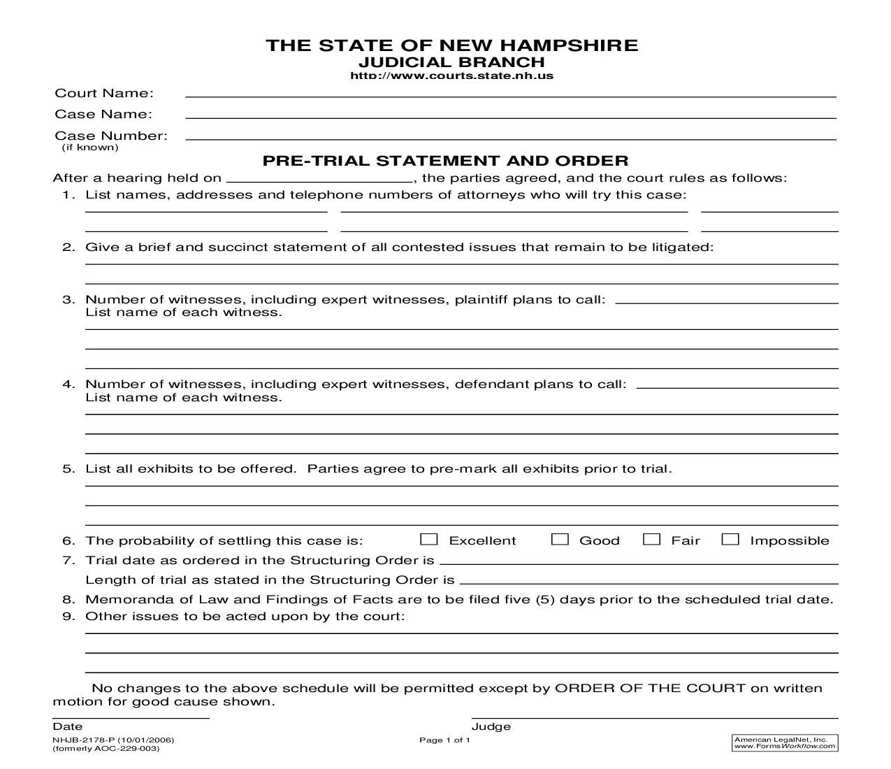 Pre Trial Statement And Order {NHJB-2178-P} | Pdf Fpdf Doc Docx | New Hampshire