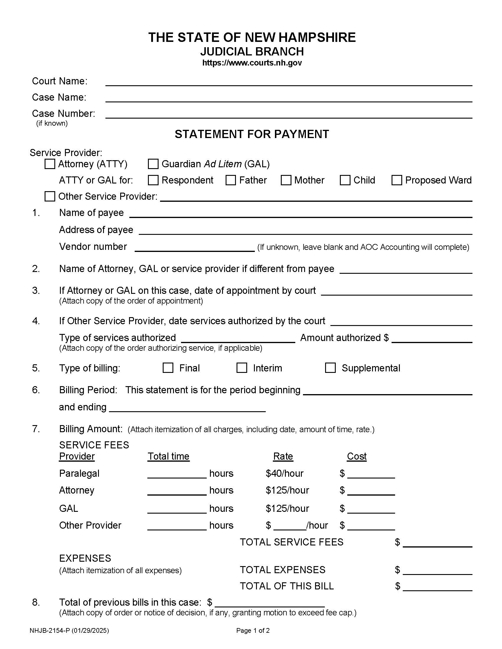 Statement For Payment {NHJB-2154-P} | Pdf Fpdf Docx | New Hampshire