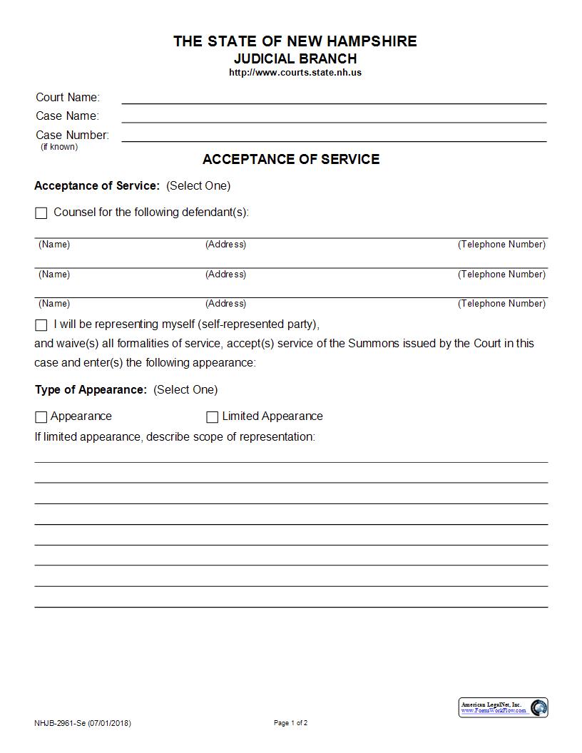 Acceptance Of Service {NHJB-2961-Se} | Pdf Fpdf Docx | New Hampshire