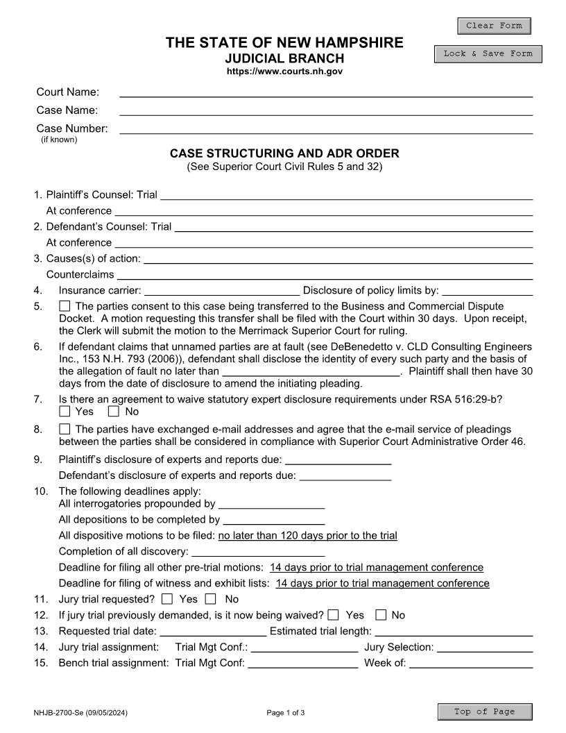 Case Structuring And ADR Order {NHJB-2700-Se} | Pdf Fpdf Docx | New Hampshire