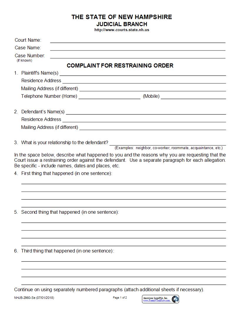 Complaint For Restraining Order {NHJB-2960-Se} | Pdf Fpdf Docx | New Hampshire