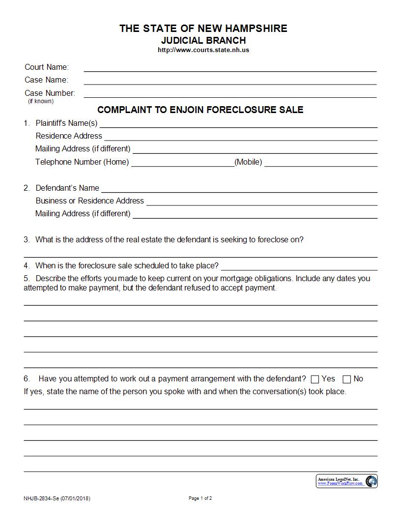 Complaint To Enjoin Foreclosure Sale {NHJB-2834-Se} | Pdf Fpdf Docx | New Hampshire