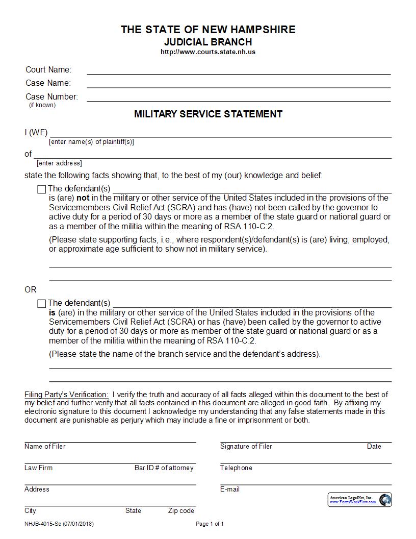 Military Service Statement {NHJB-4015-Se} | Pdf Fpdf Docx | New Hampshire
