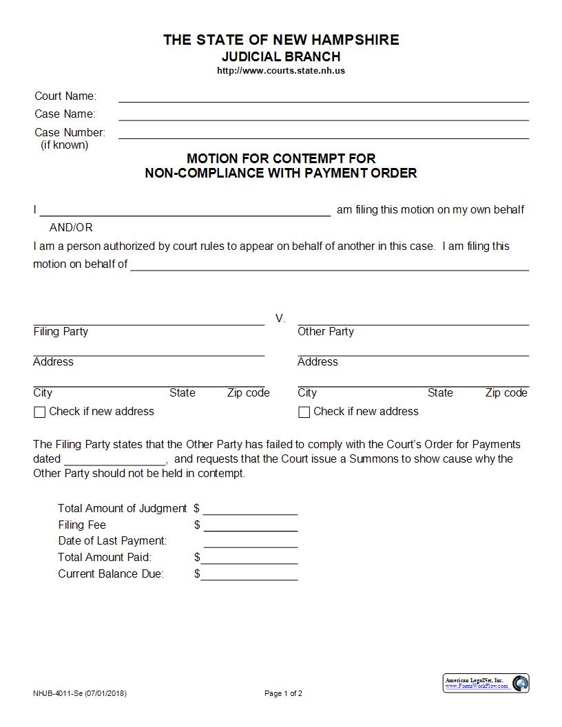 Motion For Contempt For NonCompliance With Payment Order {NHJB-4011-Se} | Pdf Fpdf Docx | New Hampshire