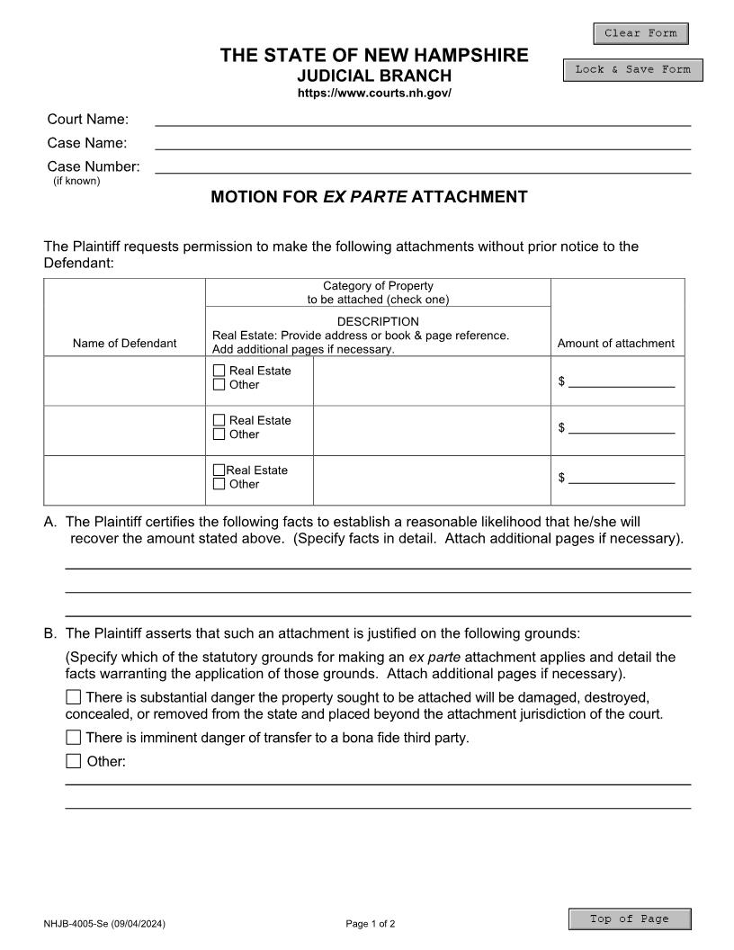 Motion For Ex Parte Attachment {NHJB-4005-Se} | Pdf Fpdf Docx | New Hampshire