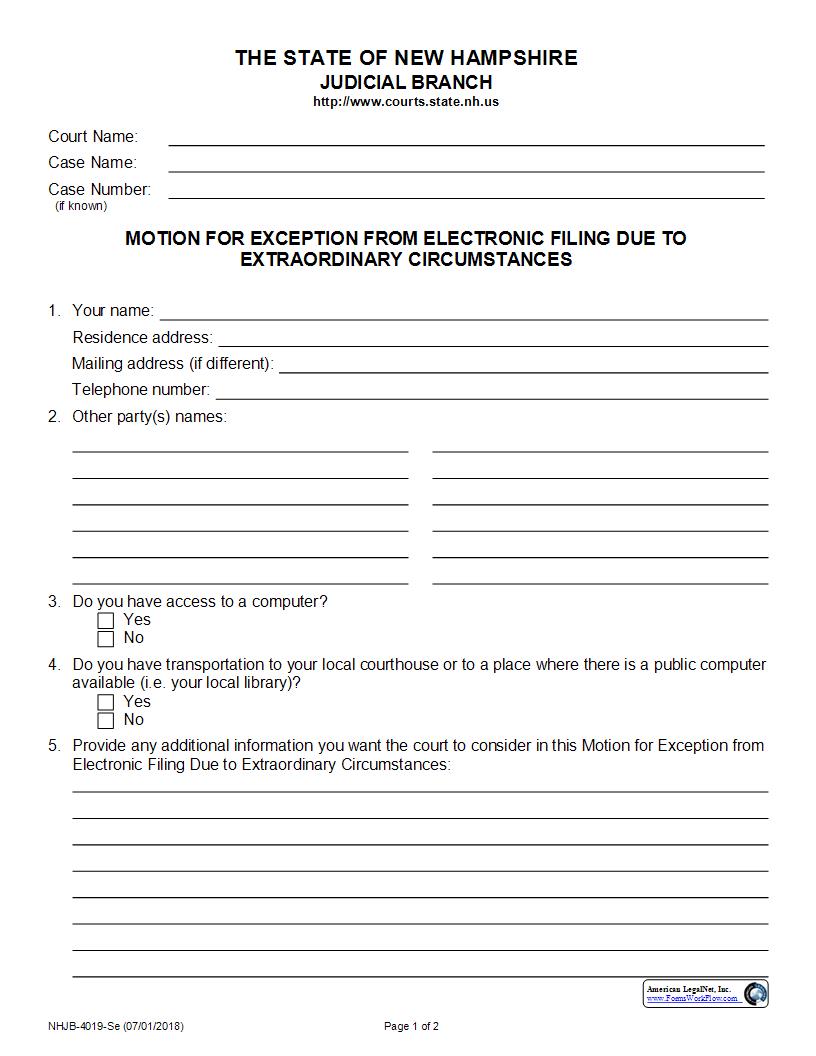 Motion For Exception From Electronic Filing {NHJB-4019-Se} | Pdf Fpdf Docx | New Hampshire