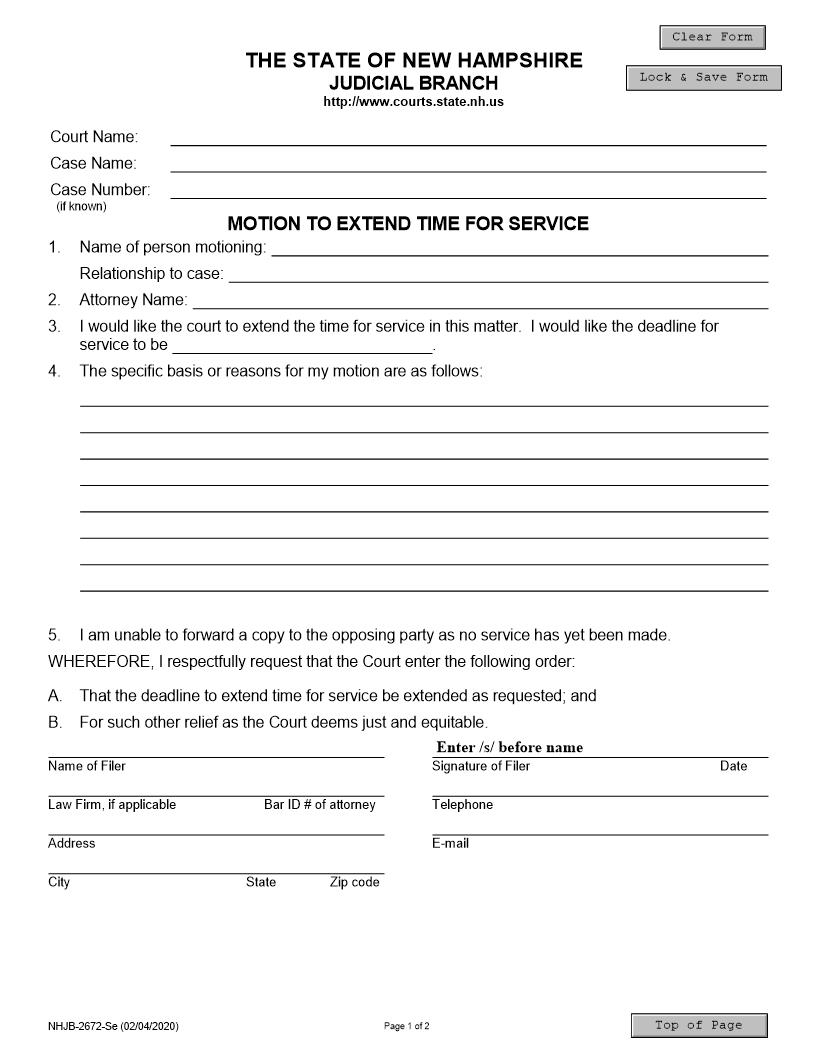 Motion To Extend Time For Service {NHJB-2672-Se} | Pdf Fpdf Docx | New Hampshire