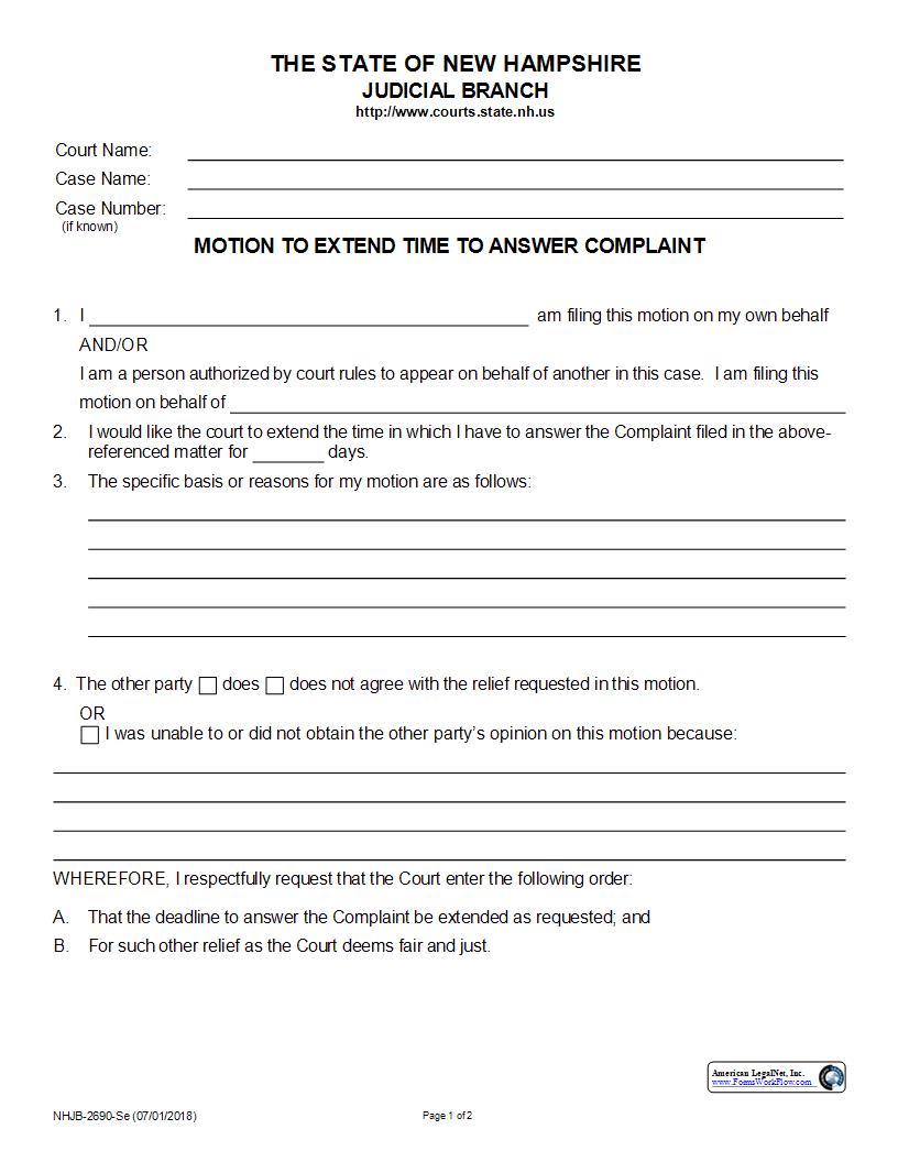 Motion To Extend Time To Answer Complaint {NHJB-2690-Se} | Pdf Fpdf Docx | New Hampshire