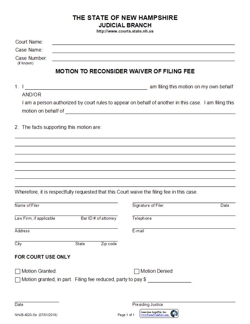 Motion To Reconsider Waiver Of Filing Fee {NHJB-4020-Se} | Pdf Fpdf Docx | New Hampshire