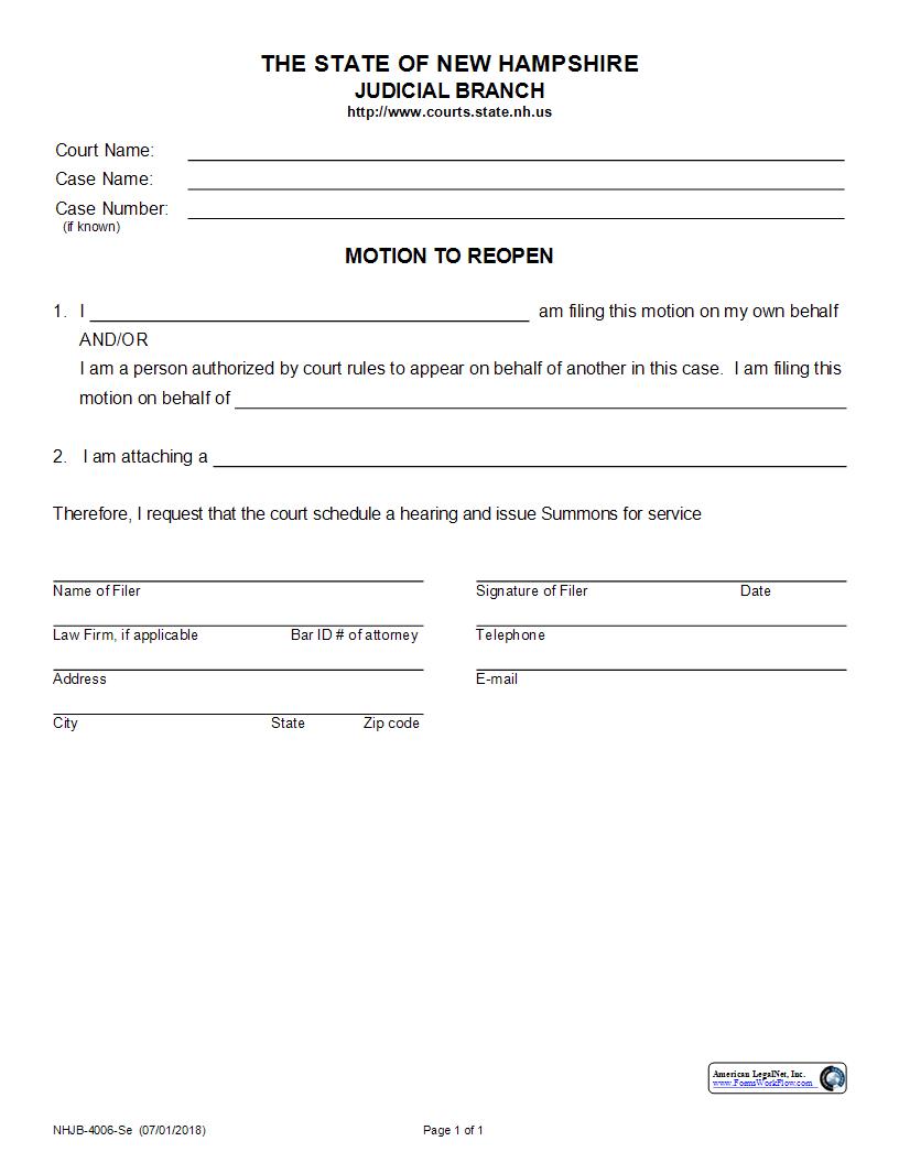 Motion To Reopen {NHJB-4006-Se} | Pdf Fpdf Docx | New Hampshire
