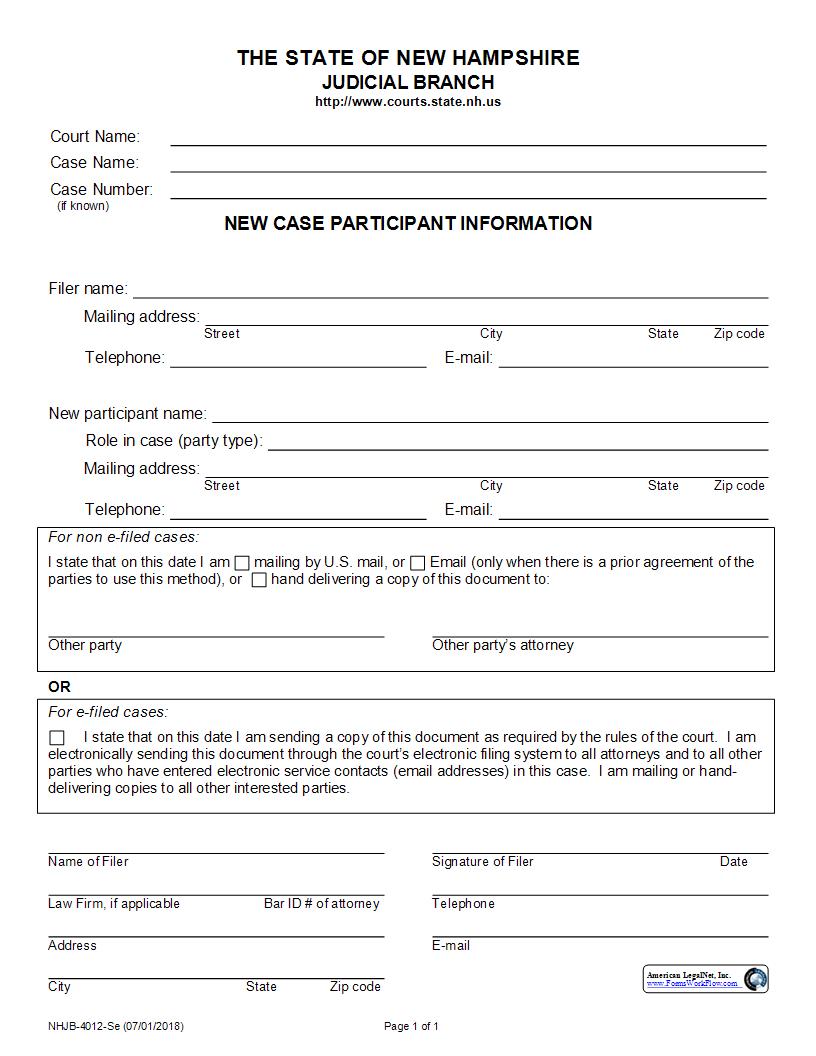 New Case Participant Information {NHJB-4012-Se} | Pdf Fpdf Docx | New Hampshire