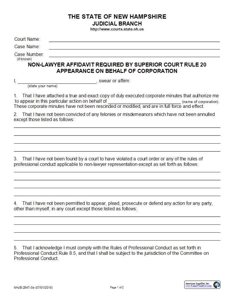 Non Lawyer Affidavit Corporation {NHJB-2847-Se} | Pdf Fpdf Docx | New Hampshire