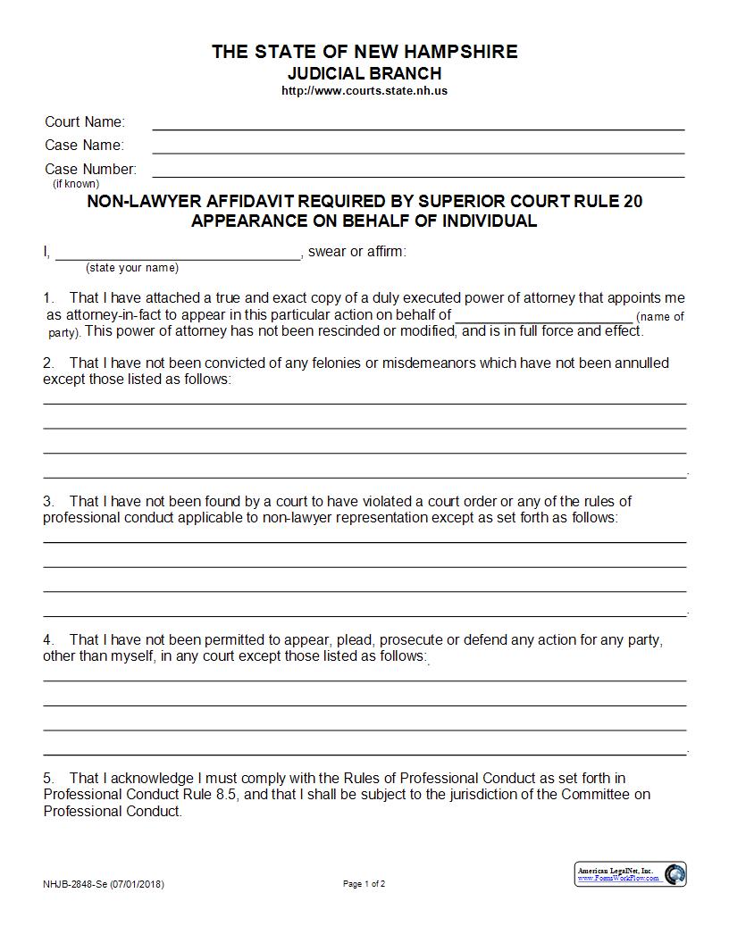 Non Lawyer Affidavit Individual {NHJB-2848-Se} | Pdf Fpdf Docx | New Hampshire