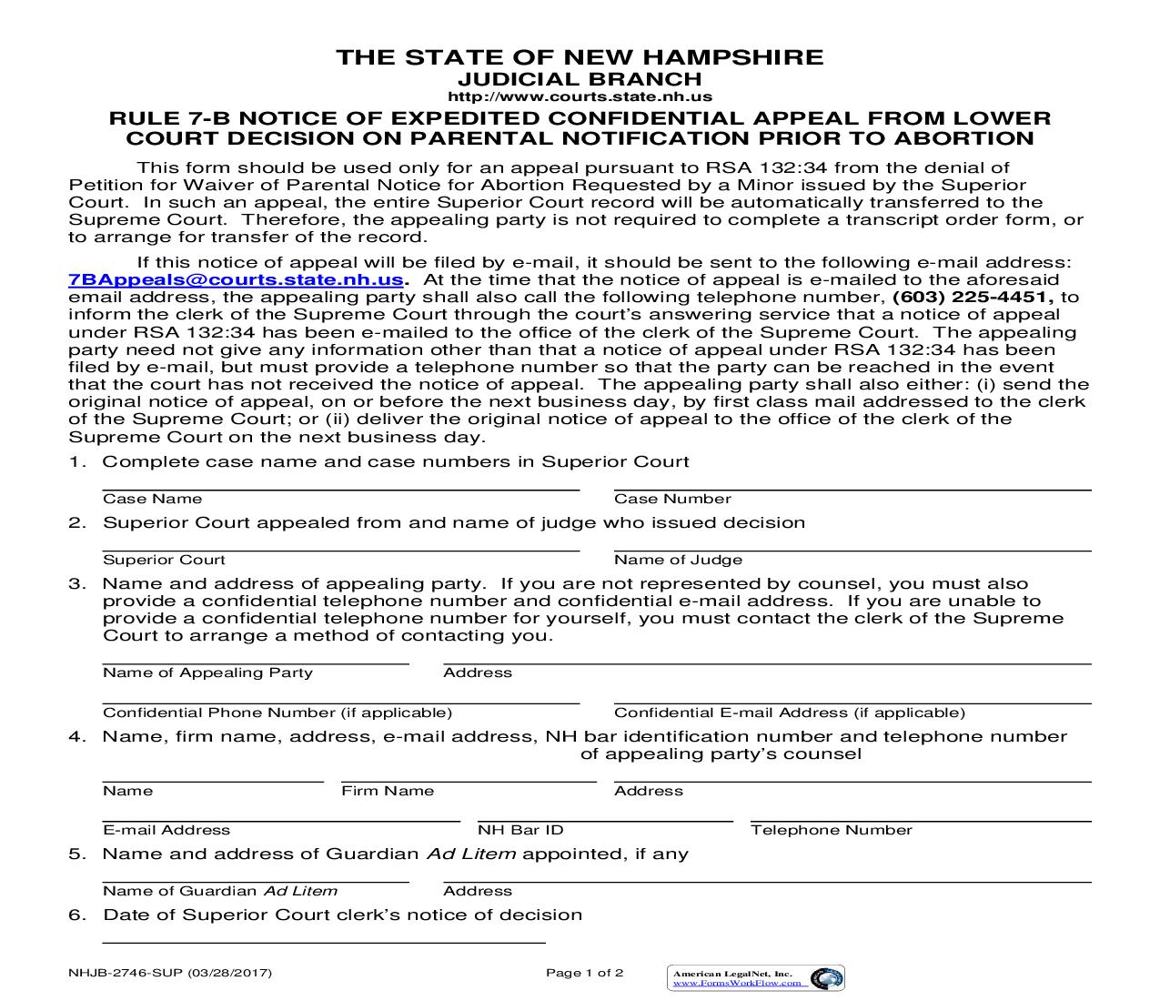 Notice Of Expedited Confidential Appeal On Parental Notification Of Abortion {NHJB-2746-SUP} | Pdf Fpdf Doc Docx | New Hampshire