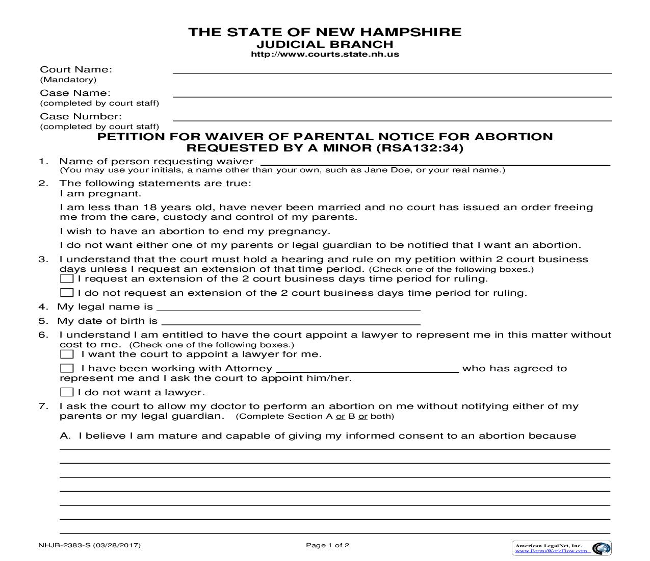 Petition For Waiver Of Parental Notice For Abortion Requested By A Minor {NHJB-2383-S} | Pdf Fpdf Doc Docx | New Hampshire