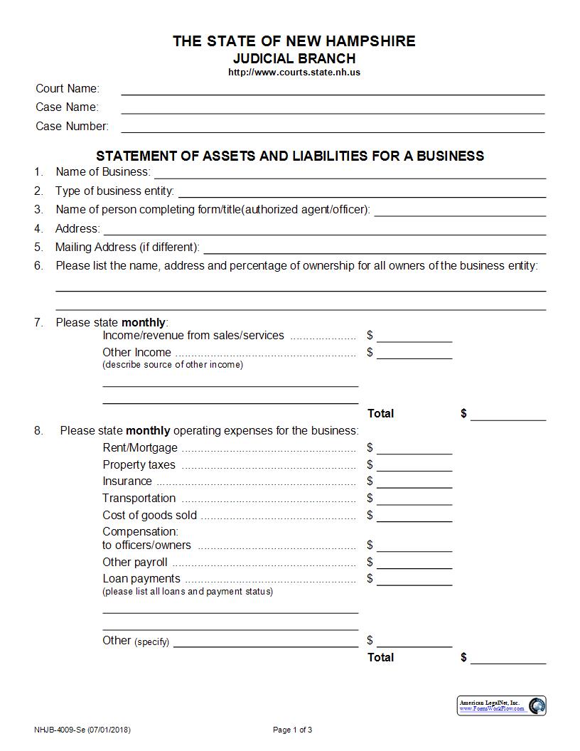 Statement Of Assets And Liabilities For Business {NHJB-4009-Se} | Pdf Fpdf Docx | New Hampshire