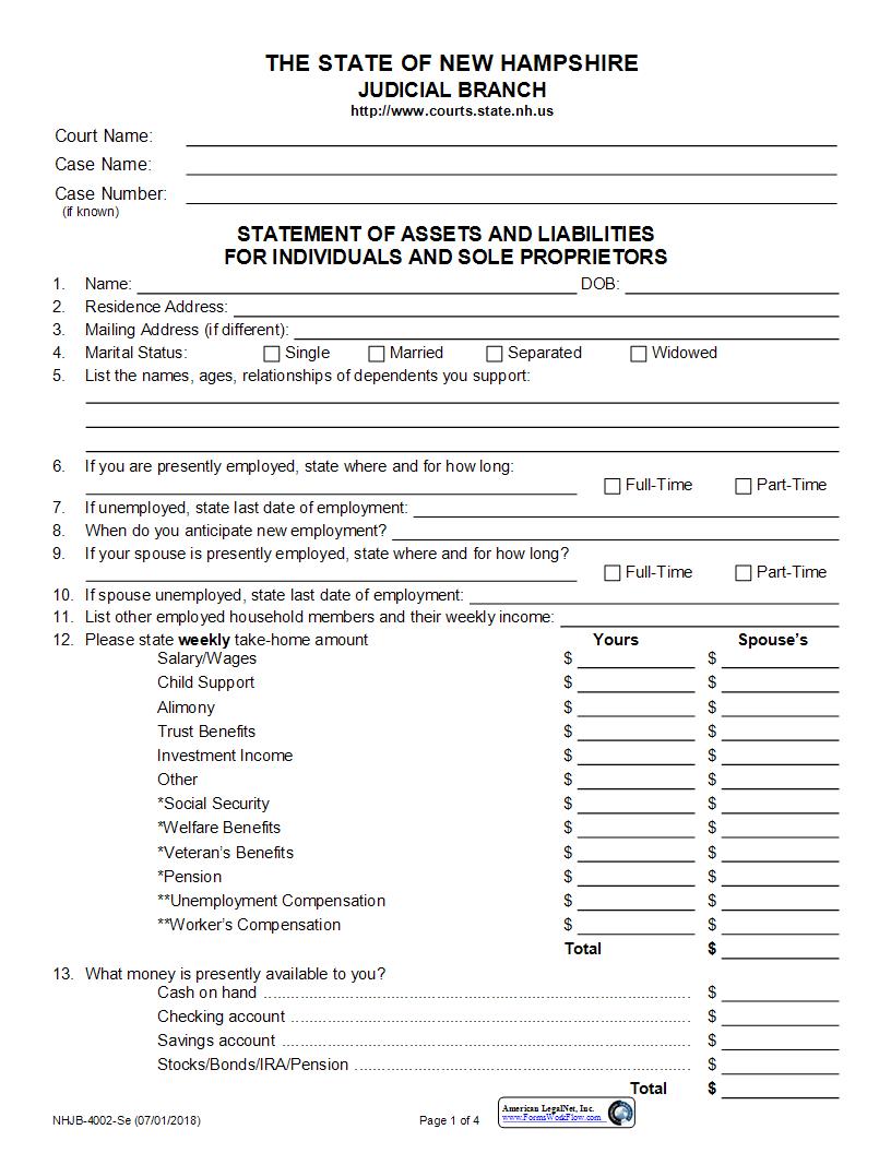 Statement Of Assets And Liabilities For Individual {NHJB-4002-Se} | Pdf Fpdf Docx | New Hampshire
