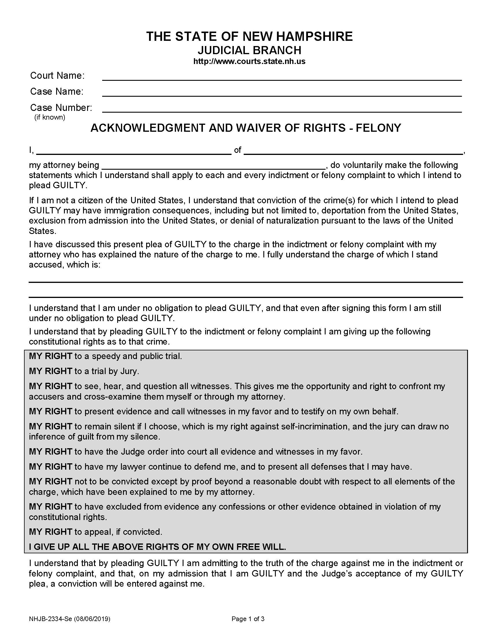 Acknowledgment And Waiver Of Rights - Felony {NHJB-2334-Se} | Pdf Fpdf Doc Docx | New Hampshire
