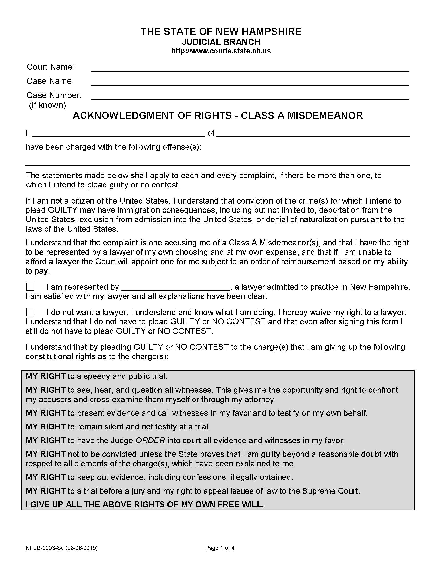Acknowledgment Of Rights - Class A Misdemeanor {NHJB-2093-Se} | Pdf Fpdf Doc Docx | New Hampshire