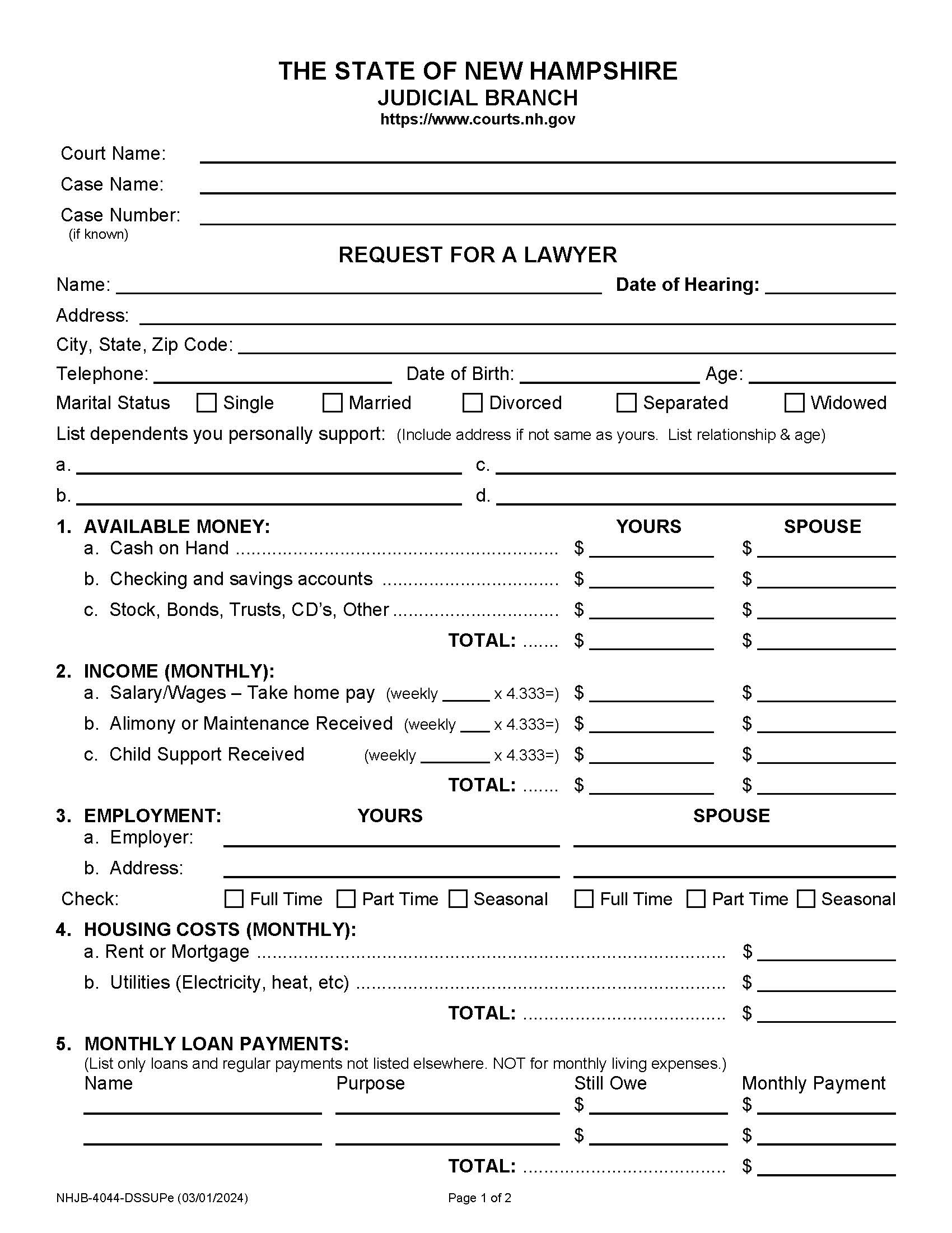 Request For Lawyer {NHJB-4044-DSSUPe} | Pdf Fpdf Docx | New Hampshire