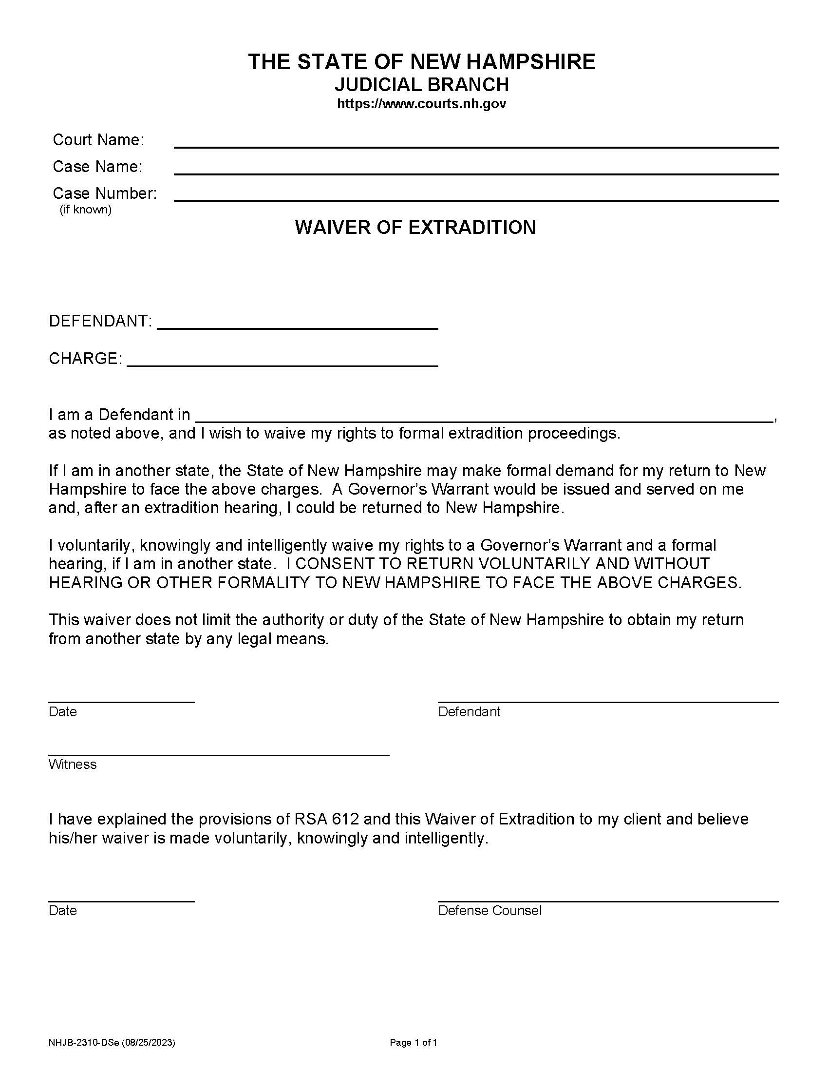 Waiver Of Extradition {NHJB-2310-Se} | Pdf Fpdf Doc Docx | New Hampshire