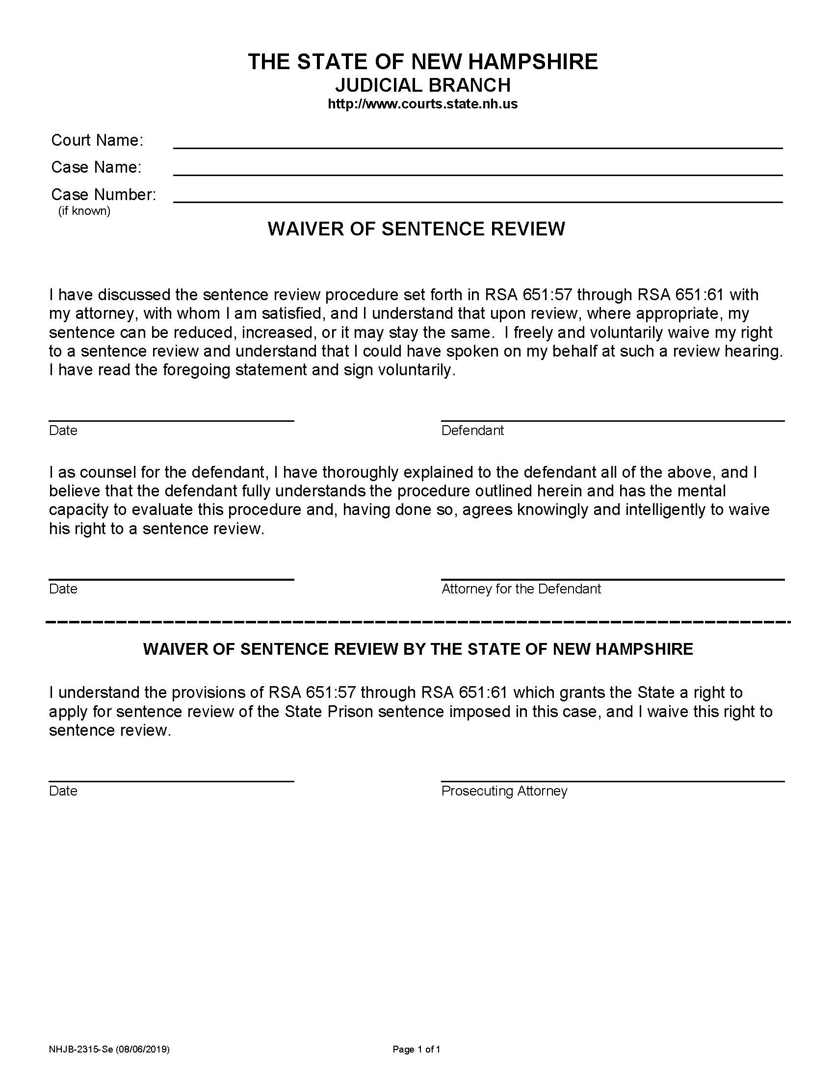 Waiver Of Sentence Review {NHJB-2315-Se} | Pdf Fpdf Doc Docx | New Hampshire