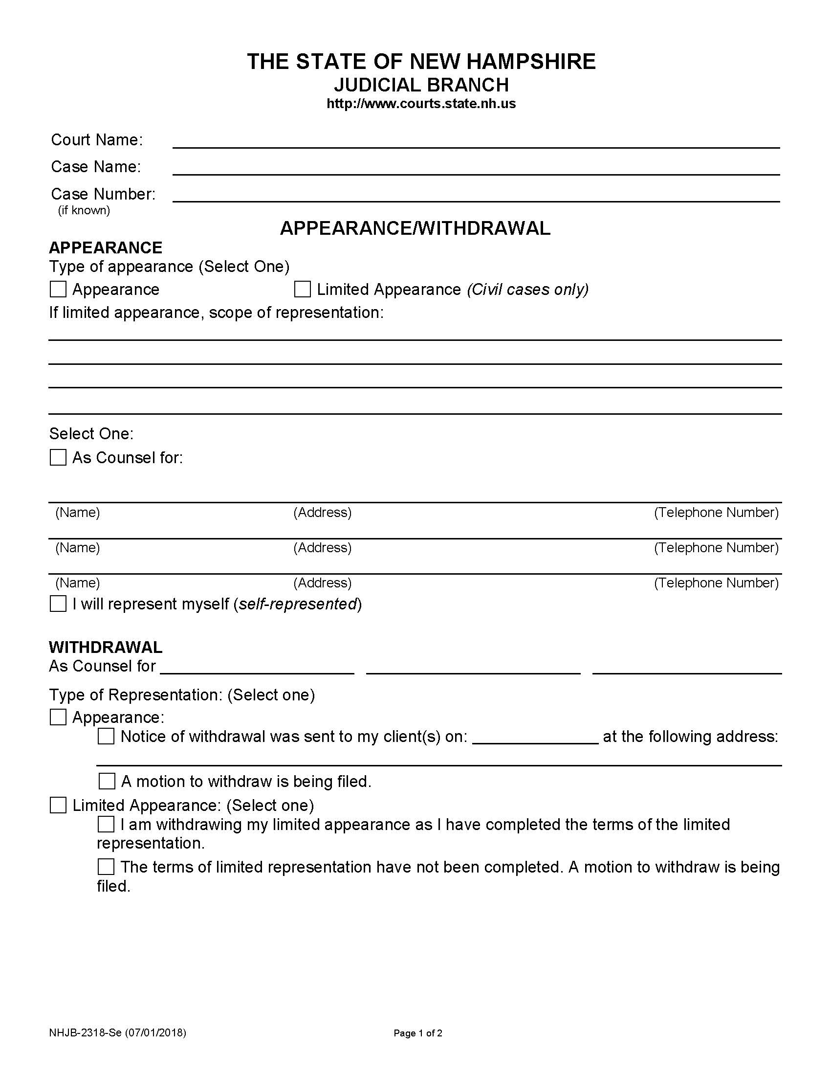 Appearance Or Withdrawal {NHJB-2318-Se} | Pdf Fpdf Docx | New Hampshire