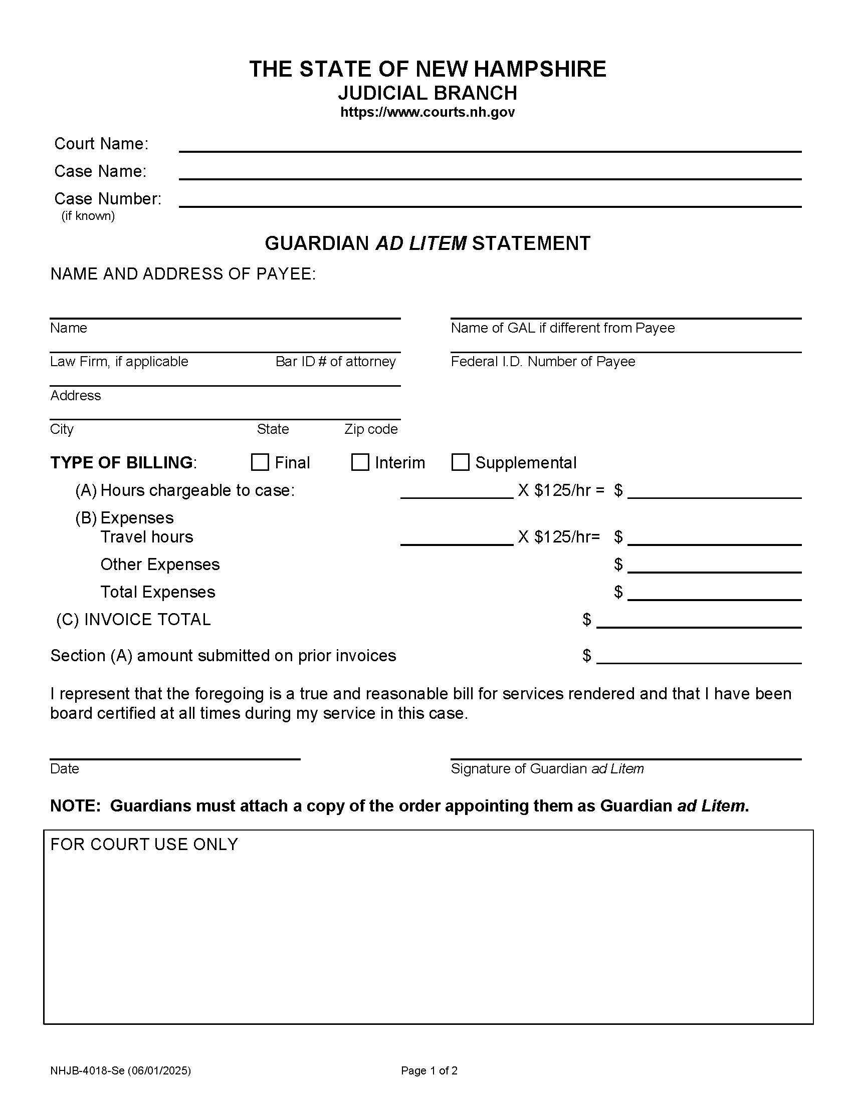 Guardian Ad Litem Statement {NHJB-4018-Se} | Pdf Fpdf Docx | New Hampshire