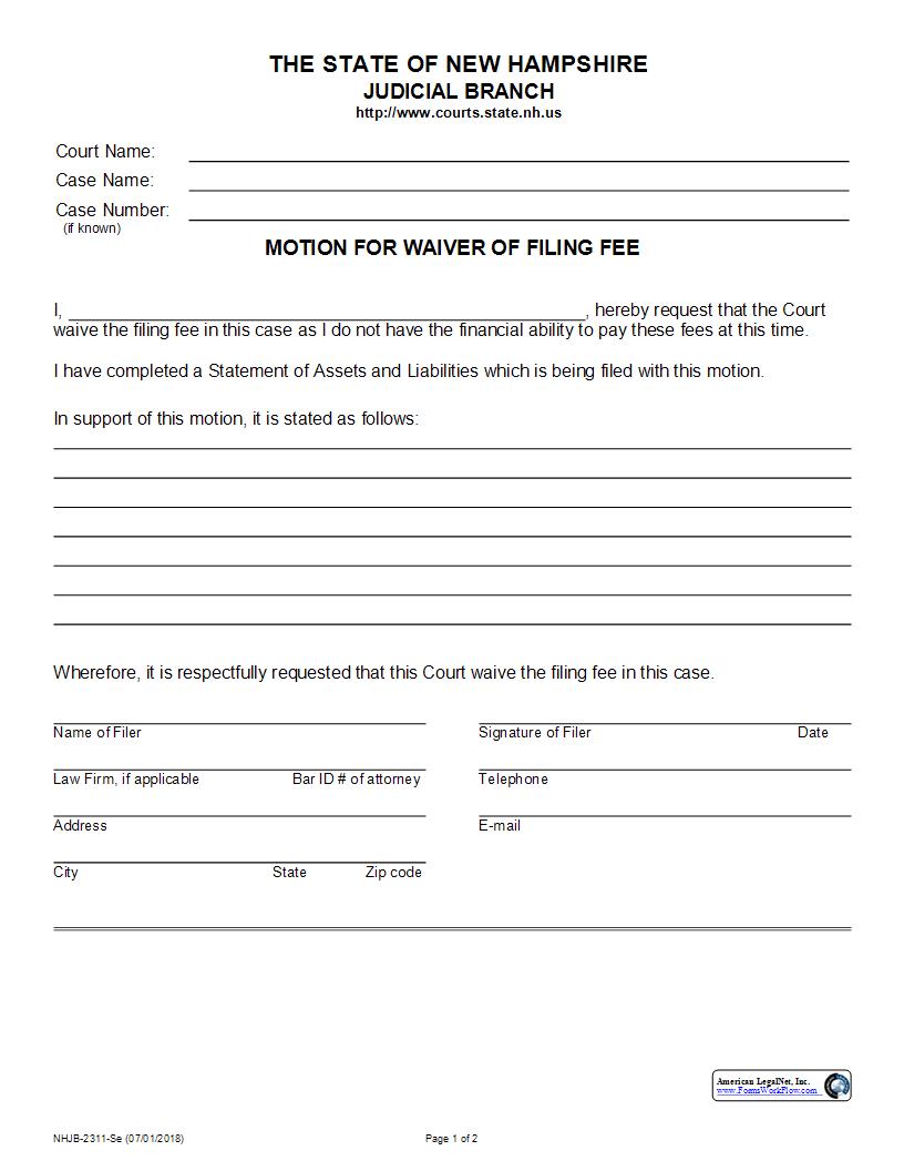 Motion For Waiver Of Filing Fee {NHJB-2311-Se} | Pdf Fpdf Docx | New Hampshire
