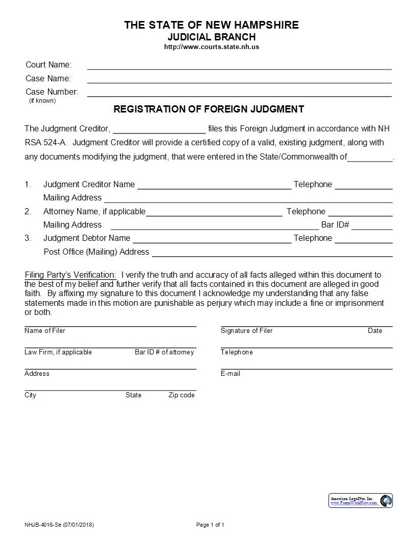 Registration Of Foreign Judgment {NHJB-4016-Se} | Pdf Fpdf Docx | New Hampshire