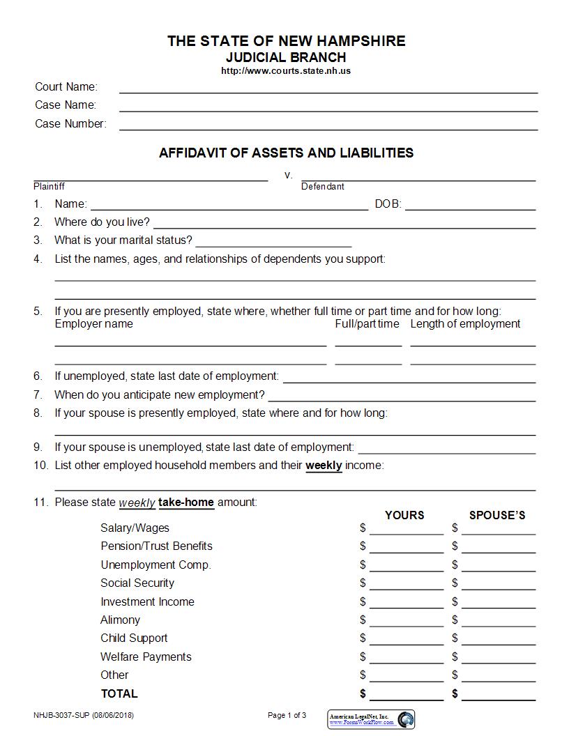 Affidavit Of Assets And Liabilities {NHJB-3037-SUP} | Pdf Fpdf Docx | New Hampshire