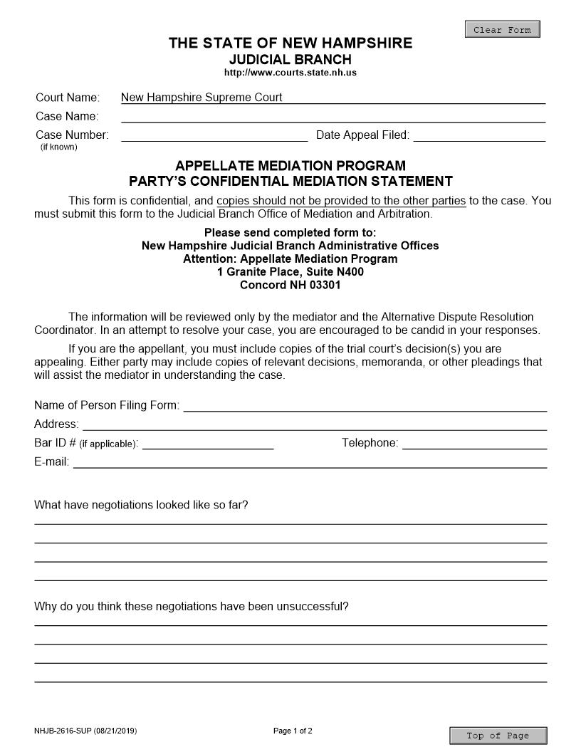 Appellate Mediation Program Partys Confidential Mediation Statement {NHJB-2616-SUP} | Pdf Fpdf Doc Docx | New Hampshire