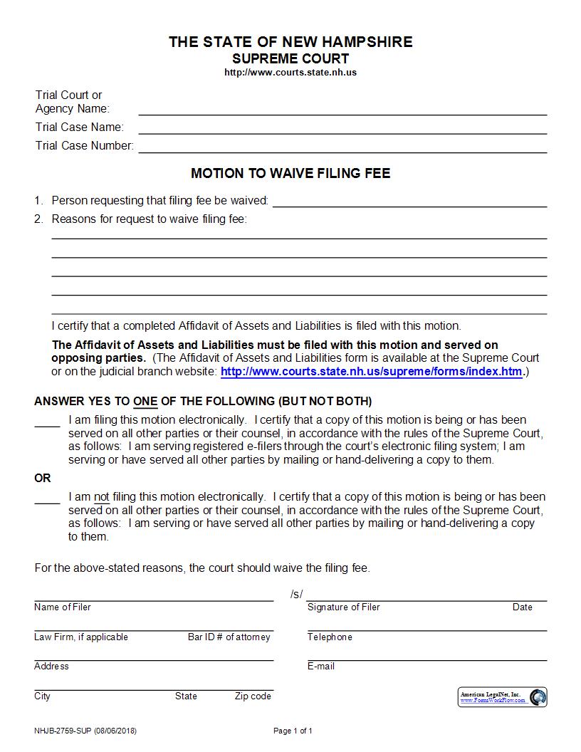 Motion To Waive Filing Fee {NHJB-2759-SUP} | Pdf Fpdf Docx | New Hampshire
