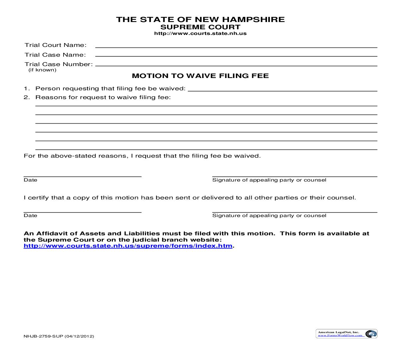 Motion To Waive Filing Fee | Pdf Fpdf Doc Docx | New Hampshire