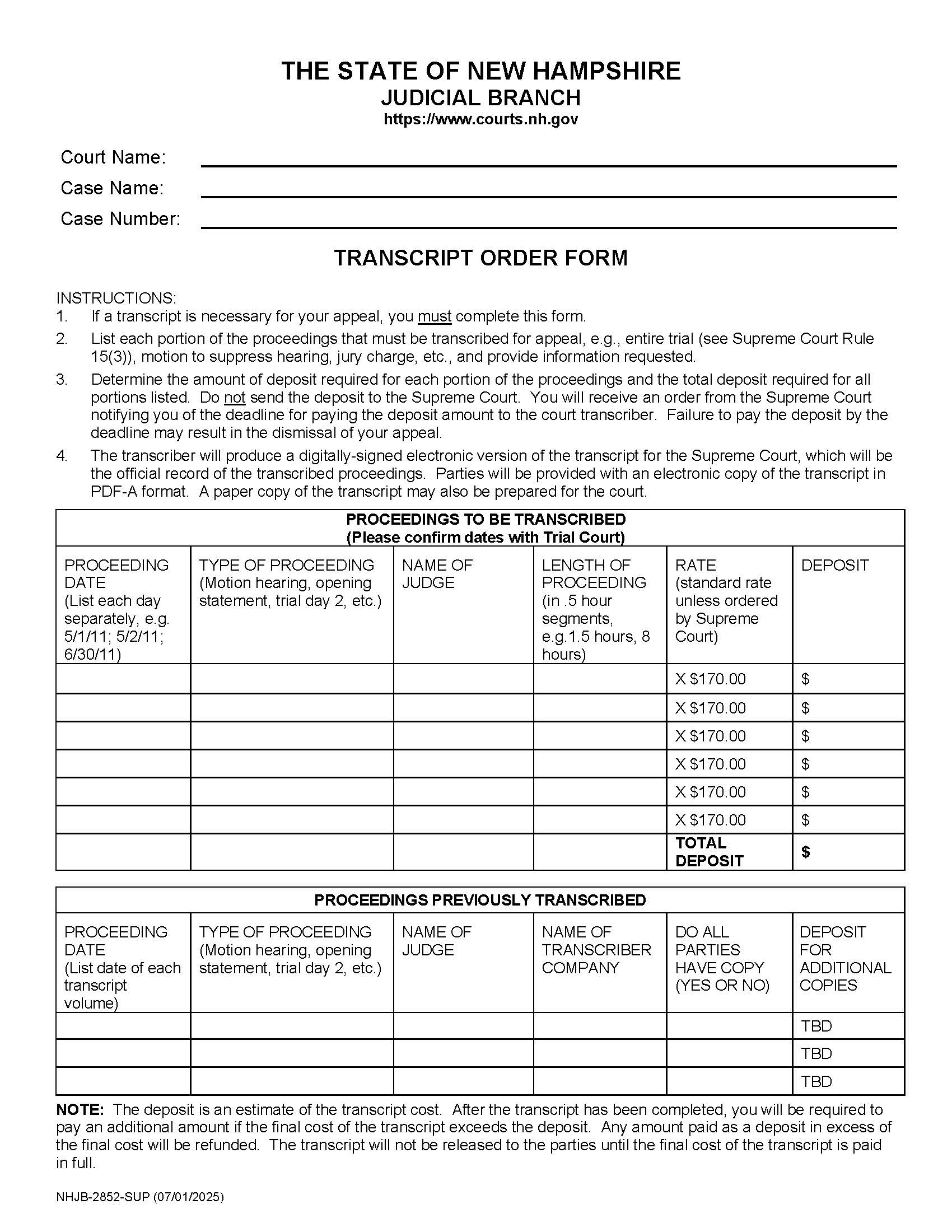 Transcript Order Form {NHJB-2852-SUP} | Pdf Fpdf Docx | New Hampshire