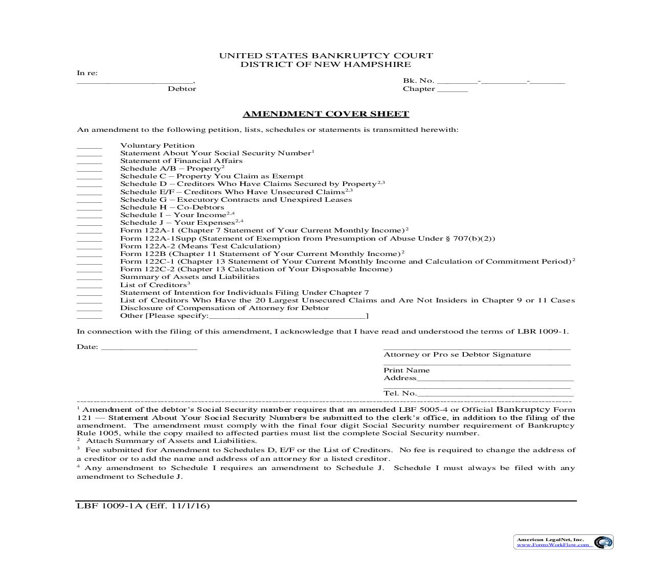 Amendment Cover Sheet {LBF 1009-1A} | Pdf Fpdf Doc Docx | New Hampshire