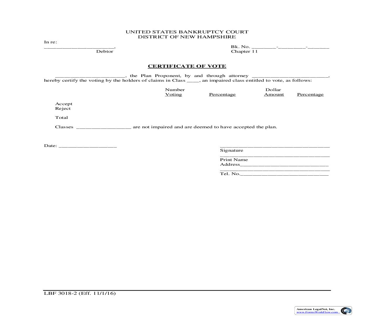Certificate Of Vote (Chapter 11) {LBF 3018-2} | Pdf Fpdf Doc Docx | New Hampshire