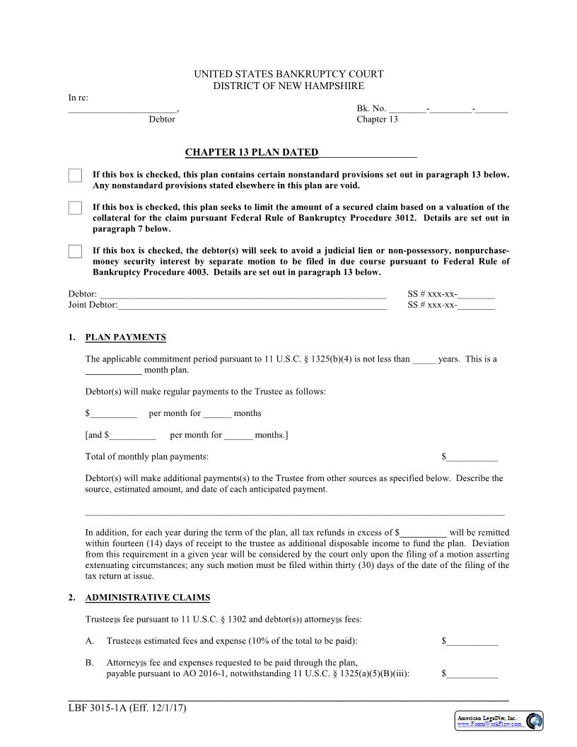 Chapter 13 Plan {LBF 3015-1A} | Pdf Fpdf Docx | New Hampshire