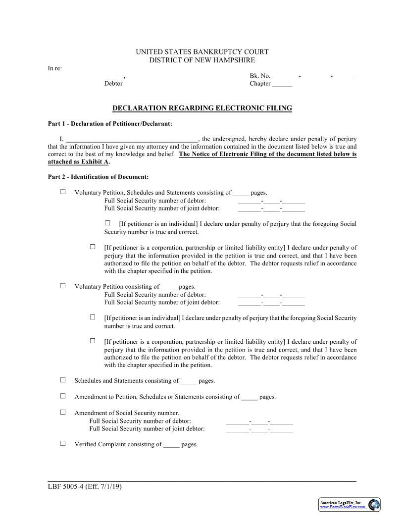 Declaration Regarding Electronic Filing {LBF 5005-4} | Pdf Fpdf Docx | New Hampshire