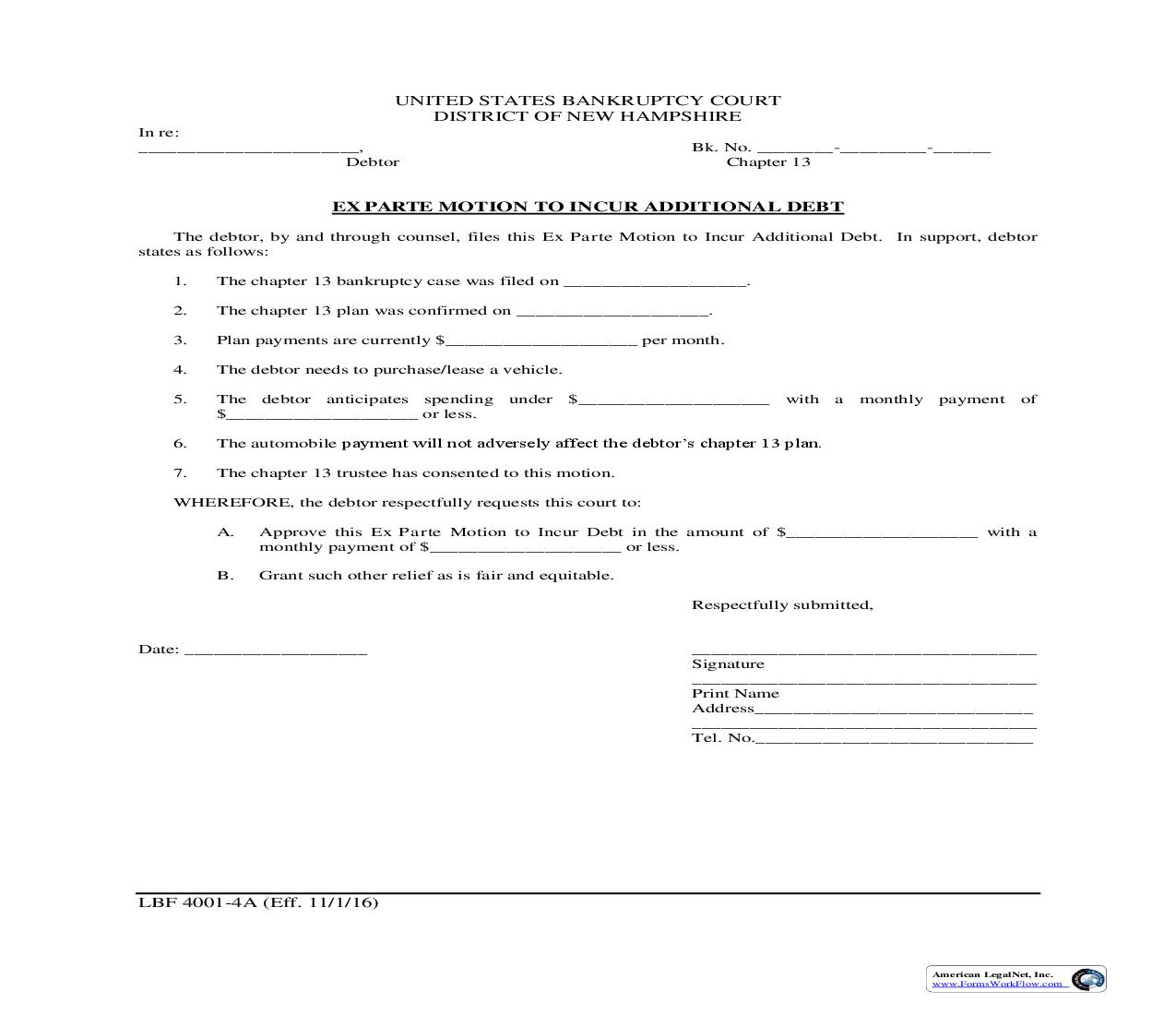 Ex Parte Motion To Incur Additional Debt {LBF 4001-4} | Pdf Fpdf Doc Docx | New Hampshire