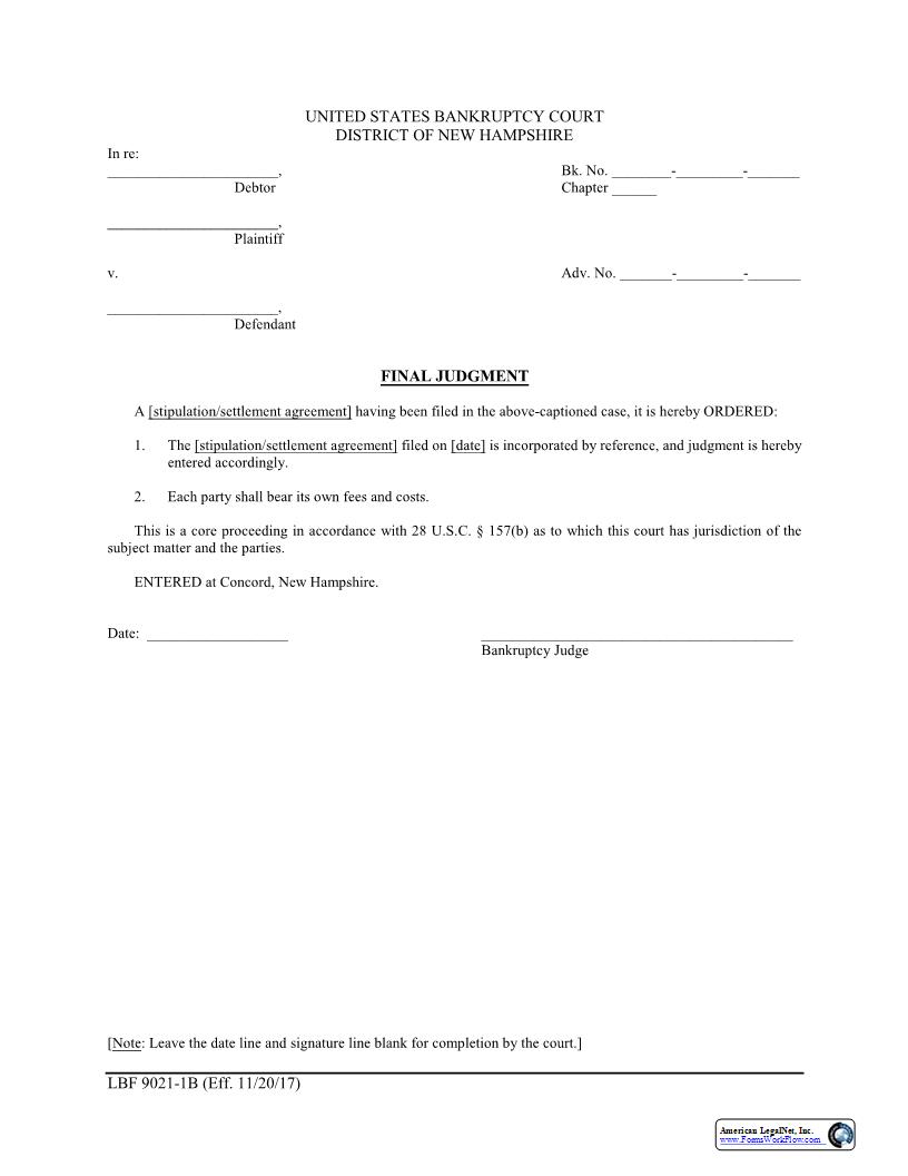 Final Judgment Stipulation Settlement {LBF 9021-1B} | Pdf Fpdf Docx | New Hampshire