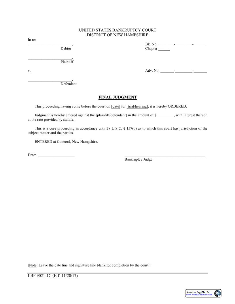 Final Judgment Sum Certain {LBF 9021-1C} | Pdf Fpdf Docx | New Hampshire